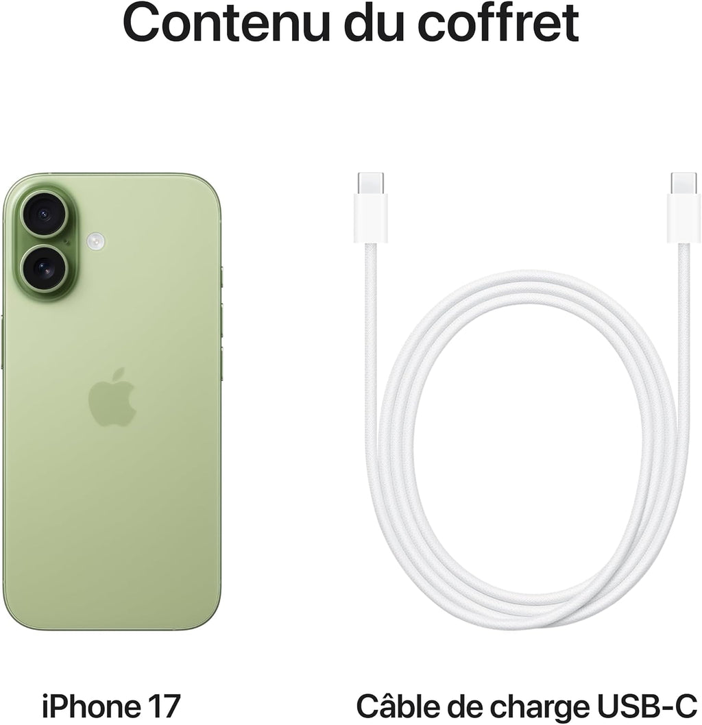 Apple iPhone 17 256 Go : Écran 6,3 pouces avec ProMotion, Puce A19, Caméra avant Center Stage, Meilleure résistance aux rayures, Autonomie d’une journée ; Sauge