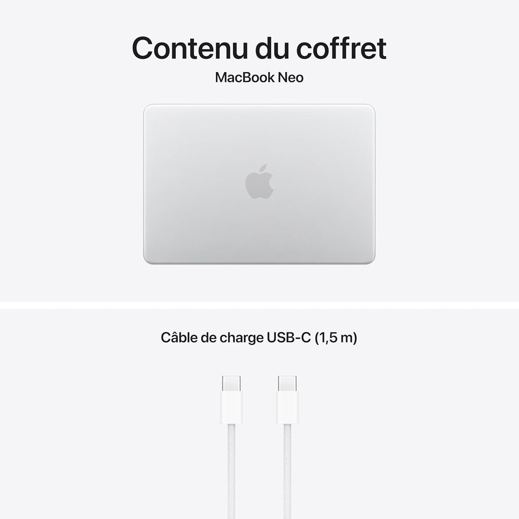 Apple MacBook Neo 13″ 2026 Portable avec Puce A18 Pro : Conçu pour l’IA et Apple Intelligence, écran Liquid Retina, mémoire unifiée 8 Go, SSD 256 Go, Caméra FaceTime HD 1080p ; Argent