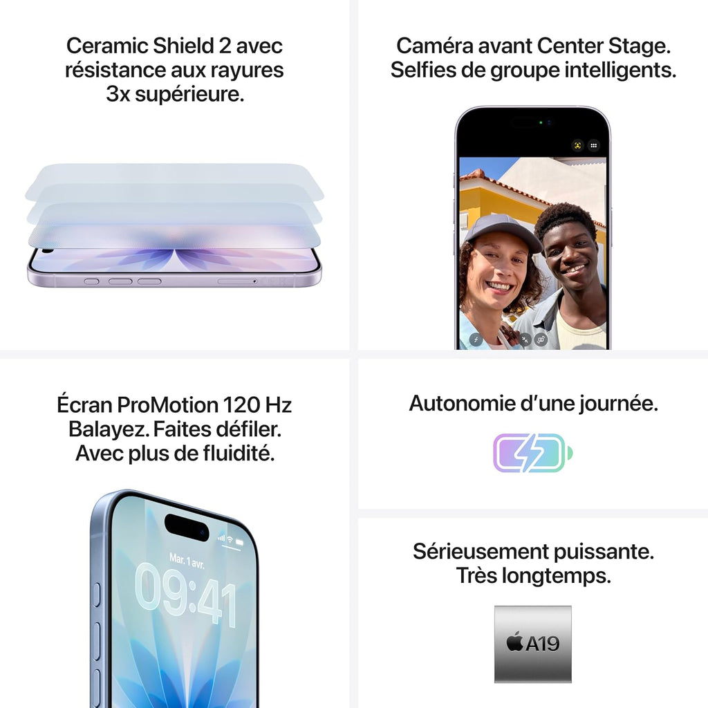 Apple iPhone 17 256 Go : Écran 6,3 pouces avec ProMotion, Puce A19, Caméra avant Center Stage, Meilleure résistance aux rayures, Autonomie d’une journée ; Sauge