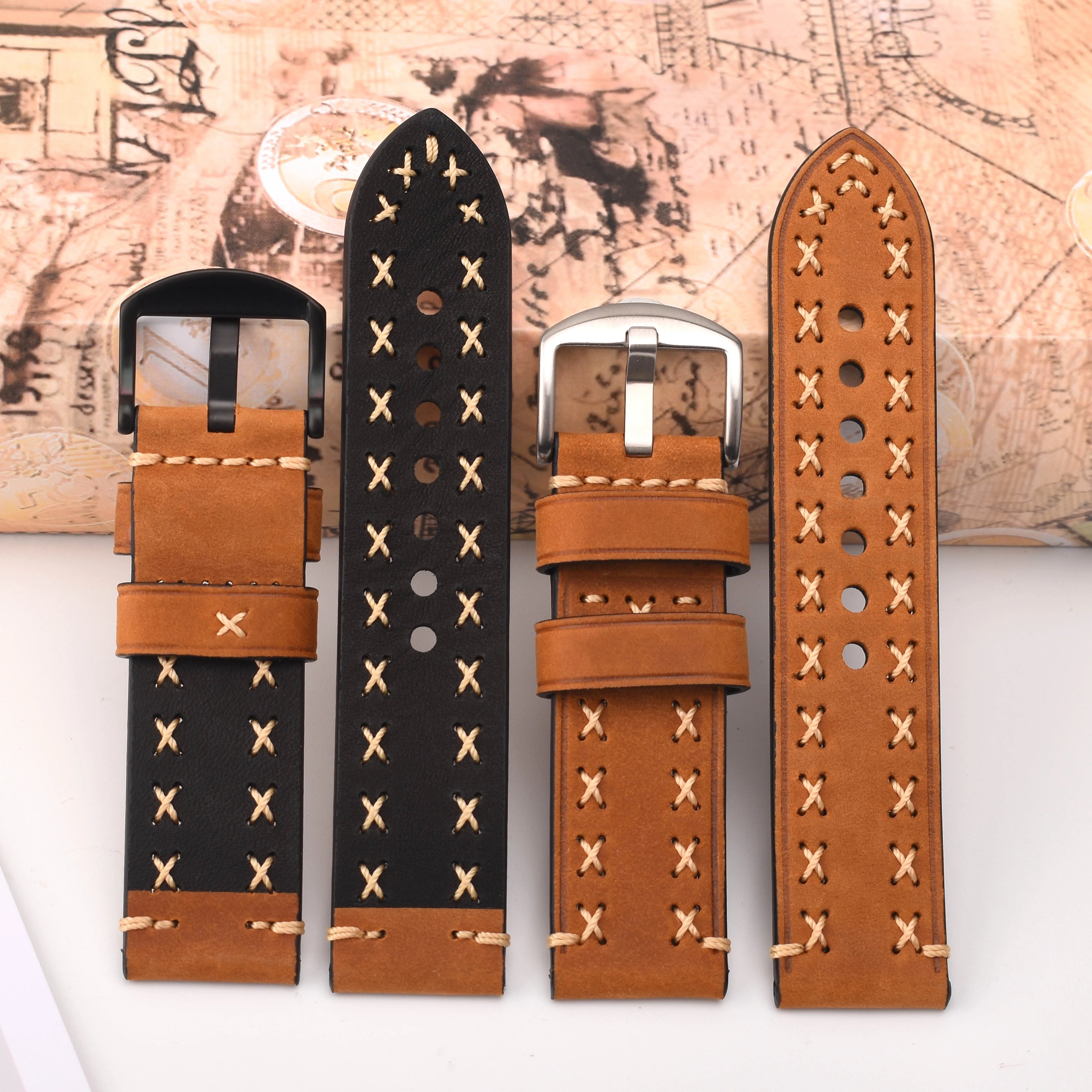 Unique Fashion 20mm 22mm 24mm 26mm Stainless Steel Buckle Genuine Leather Watch Strap Real Leather Watch Band Handmade