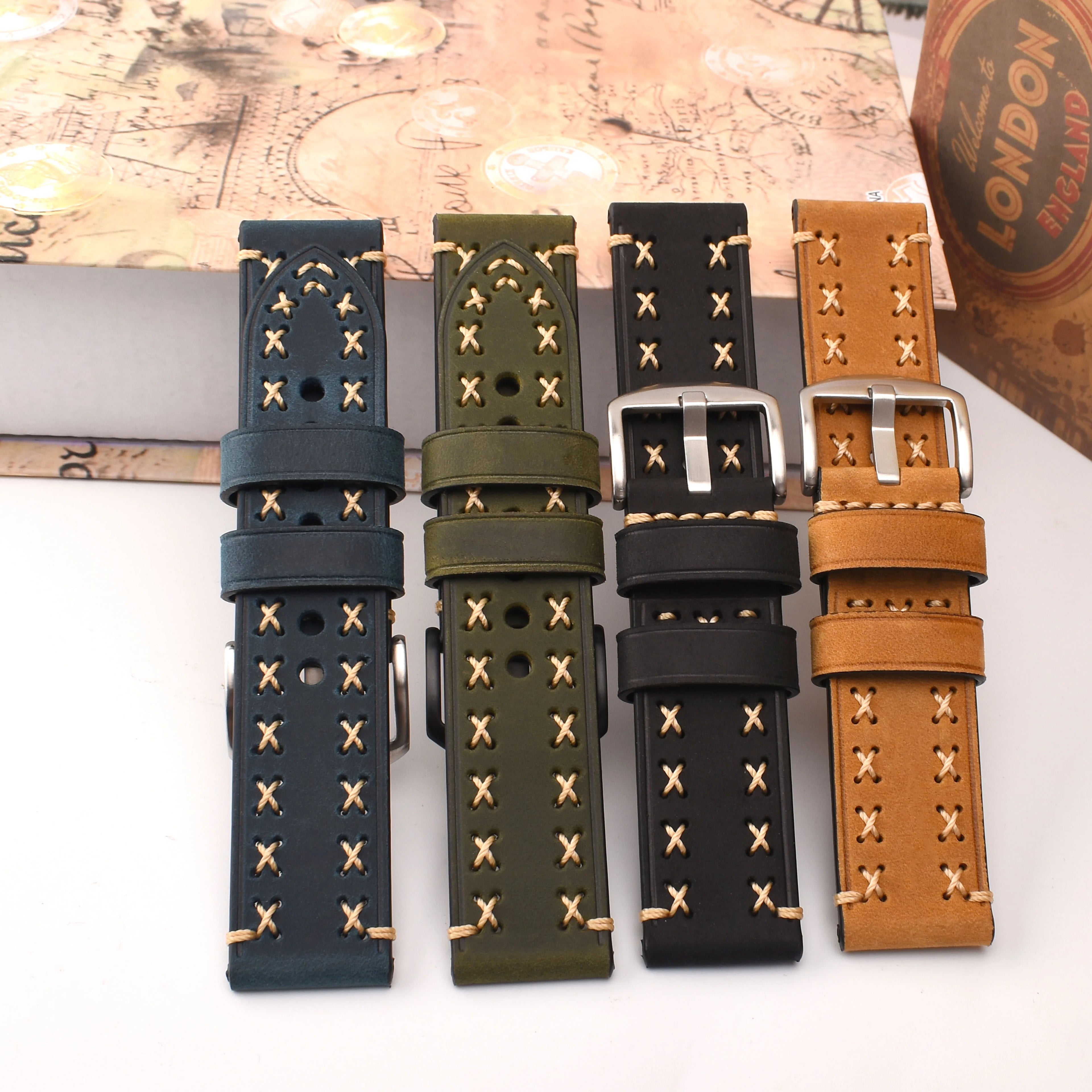Unique Fashion 20mm 22mm 24mm 26mm Stainless Steel Buckle Genuine Leather Watch Strap Real Leather Watch Band Handmade