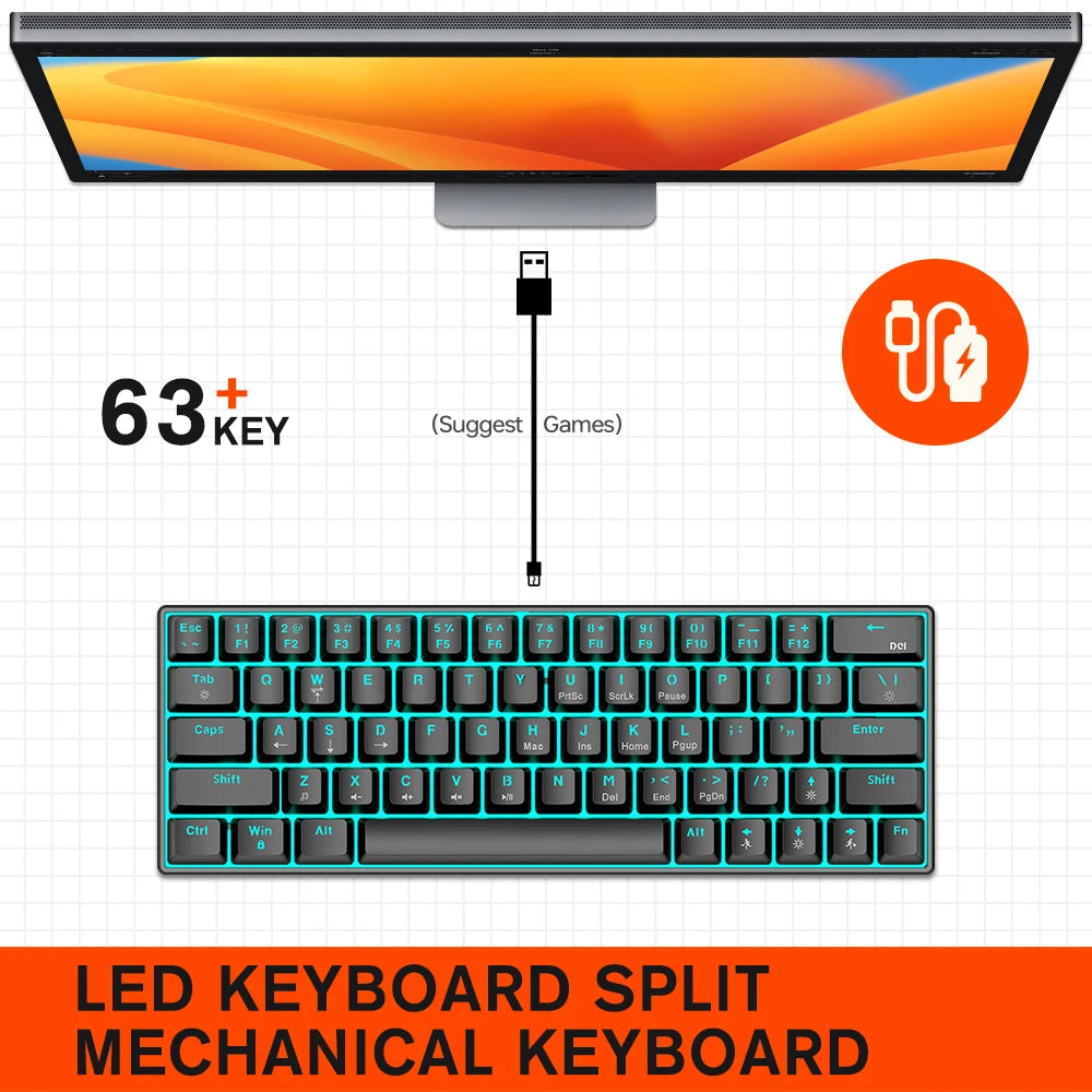 RGB Colorful Mini Gaming Keyboard LED Backlit 63keys Mechanical Keyboard Blue Switch Hotswappable Mechanical Keyboard