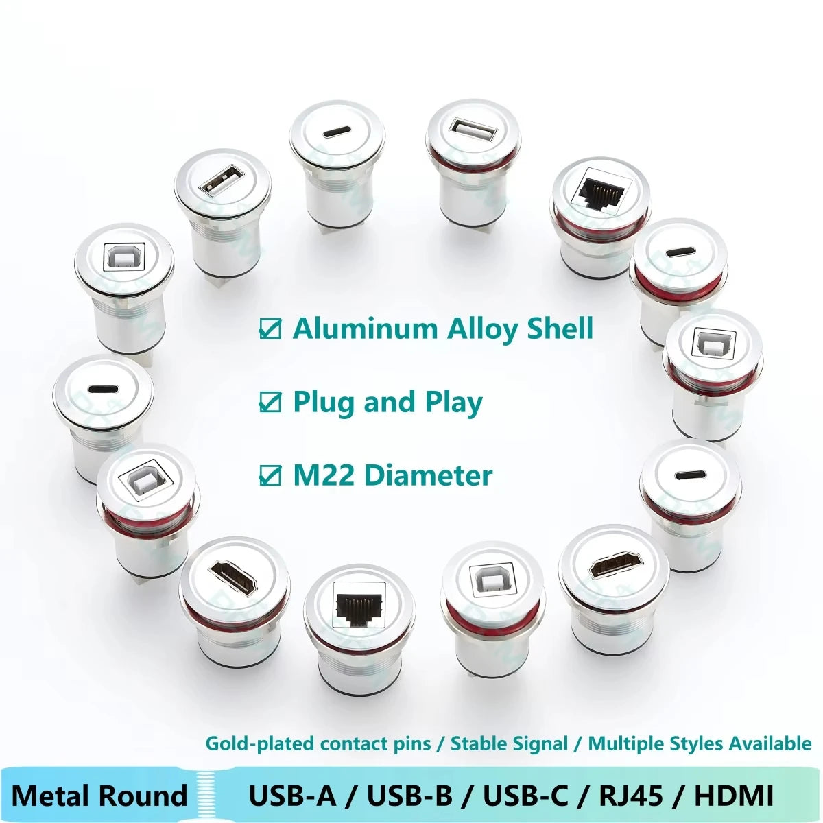 Industrial Aluminum USB-A Female to Female USB Feedthru Round Panel Mount Coupler Socket for Cabinet Chassis Machine Equipment