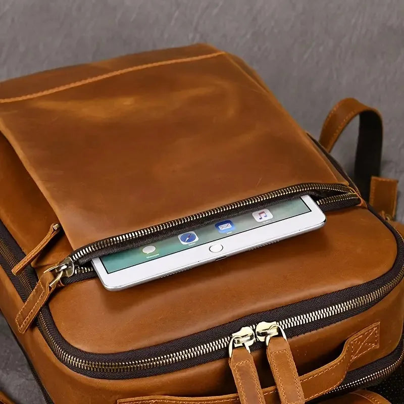Genuine Leather Waterproof Casual Foldable Backpack Unisex Business Travel Zipper Closure Shoulder Strap Multiple Polyester