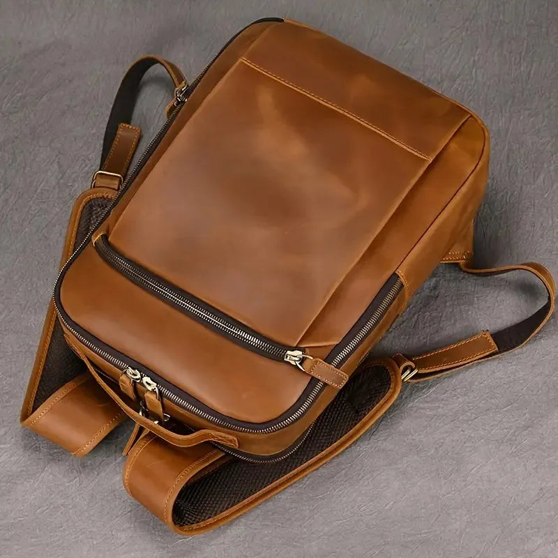 Genuine Leather Waterproof Casual Foldable Backpack Unisex Business Travel Zipper Closure Shoulder Strap Multiple Polyester