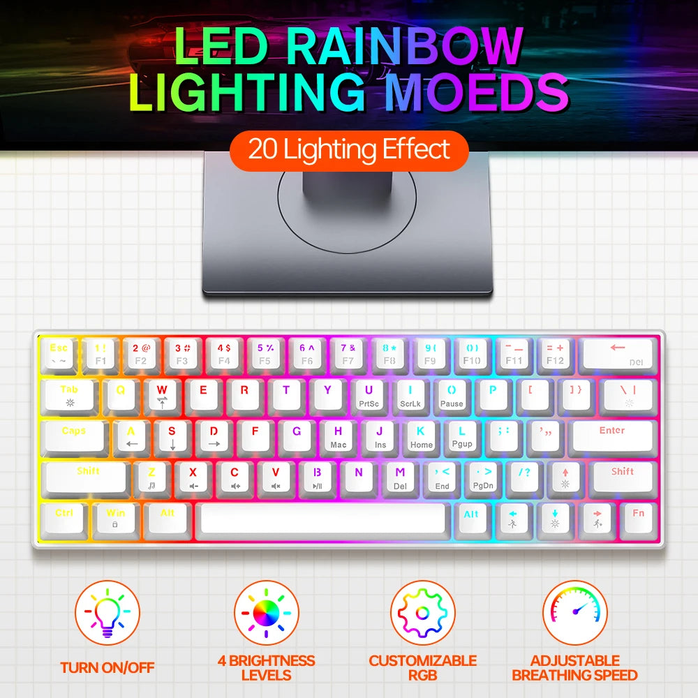 RGB Colorful Mini Gaming Keyboard LED Backlit 63keys Mechanical Keyboard Blue Switch Hotswappable Mechanical Keyboard