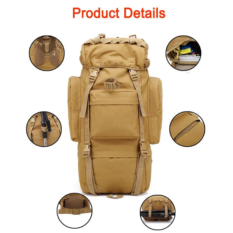 Outdoor Tactical 70L Travel Custom Waterproof Backpack Hiking Hunting  Rucksack Bag