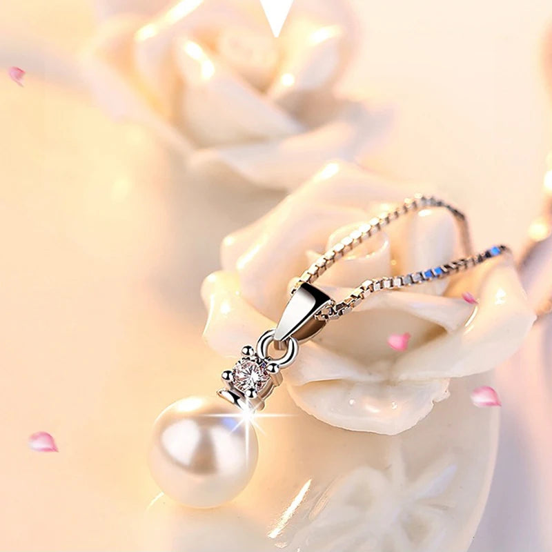 New 925 Sterling Silver Fine Women Jewelry Freshwater Pearl Zircon Pendant Necklaces 40 & 45+5cm Size Rhinestone Clavicle Choker
