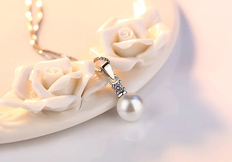 925 Sterling Silver New Ladies Fashion Jewelry High Quality Crystal Zircon Pearl Round Pendant Necklaces For Women Length 45CM