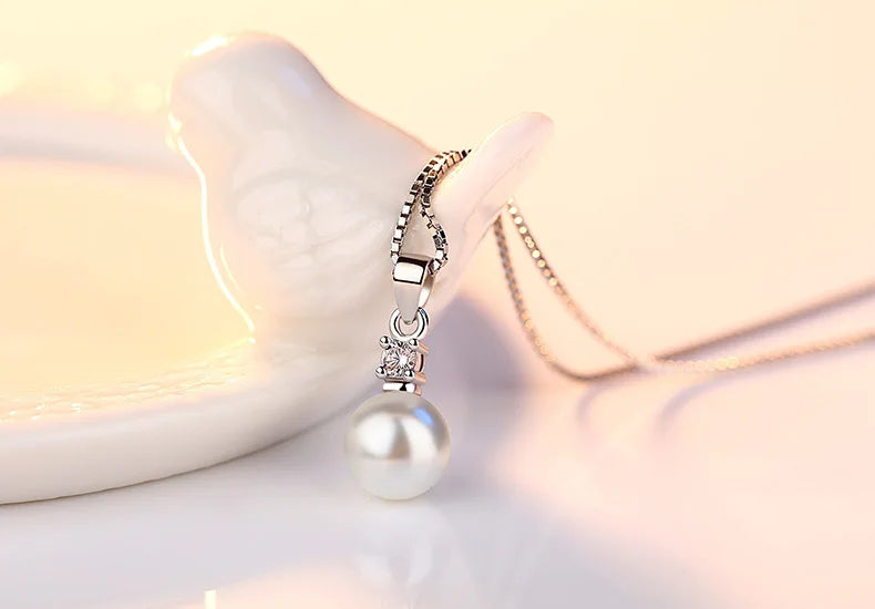 925 Sterling Silver New Ladies Fashion Jewelry High Quality Crystal Zircon Pearl Round Pendant Necklaces For Women Length 45CM