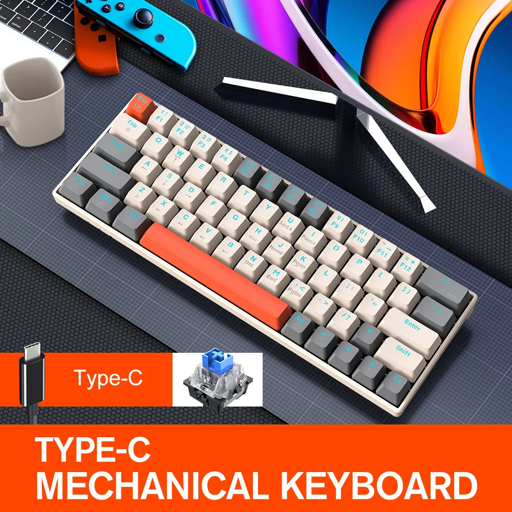 RGB Colorful Mini Gaming Keyboard LED Backlit 63keys Mechanical Keyboard Blue Switch Hotswappable Mechanical Keyboard