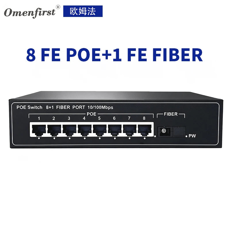 8+1 Port 10/100Mbps Unmanaged PoE Switch, 8 PoE Ports + 1 SC Fiber Uplink for CCTV NVR IP Camera