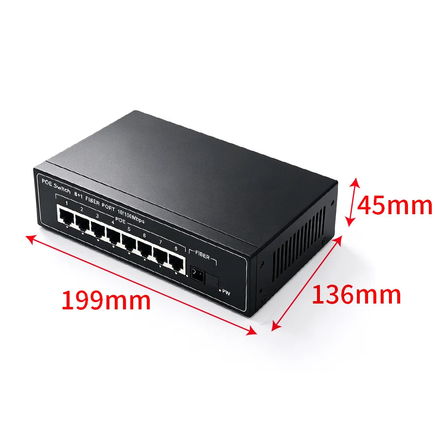 8+1 Port 10/100Mbps Unmanaged PoE Switch, 8 PoE Ports + 1 SC Fiber Uplink for CCTV NVR IP Camera