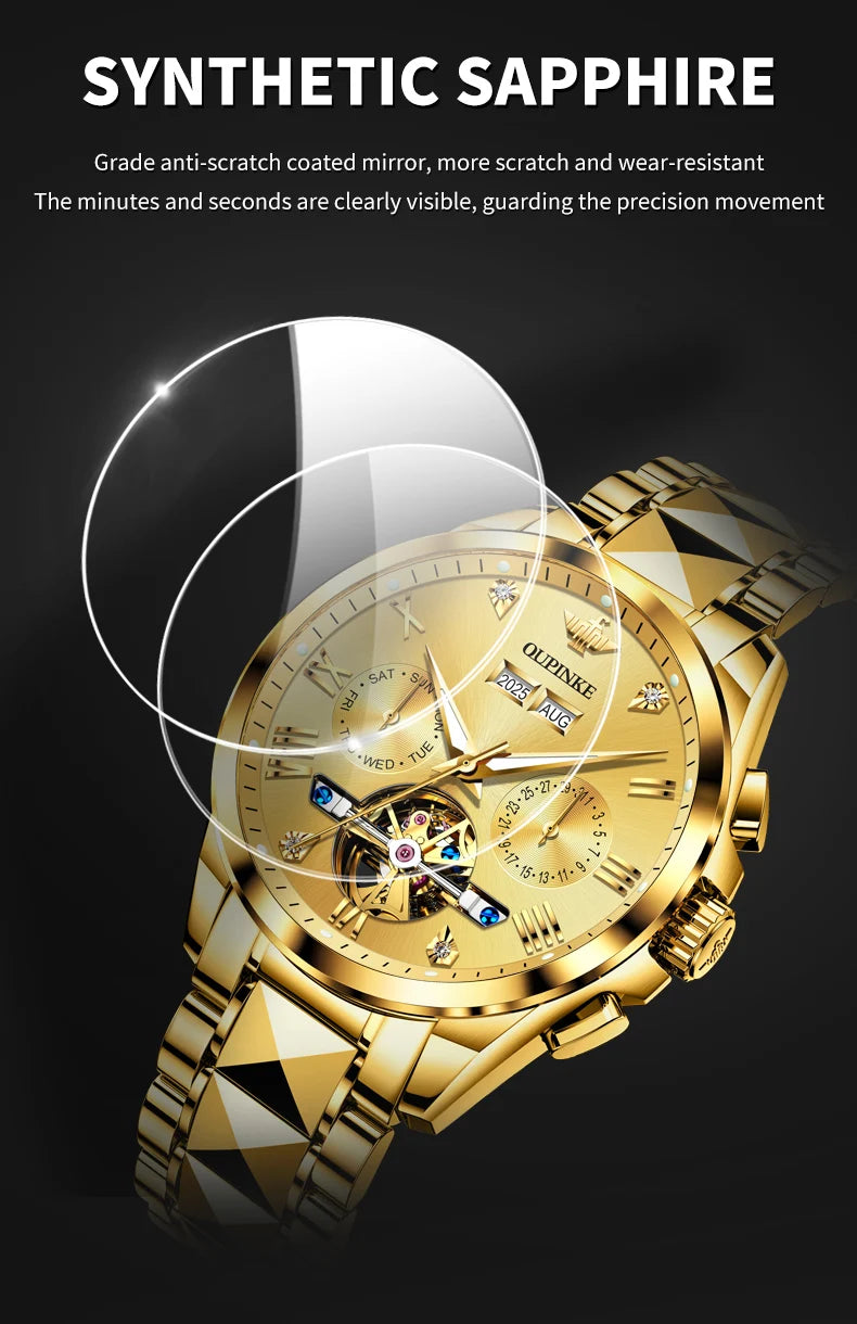 OUPINKE 3240 Skeleton Flywheel Multifunctional Automatic Mechanical Watches for Men 44mm Large Dial Tungsten Steel Luxury Watch
