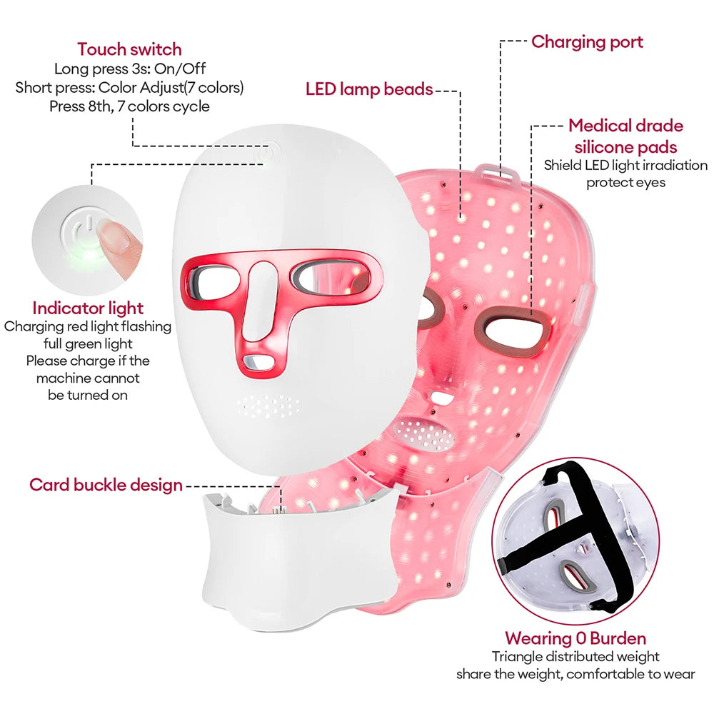 7 Colors Photon Facial LED Mask Red Light Therapy Anti Aging Face Neck Beauty Mask Relaxation Treatment Anti-Wrinkle Skin Care