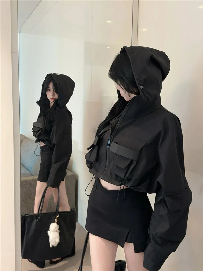 Fall Hot Sale Of The Season Women's Trendy Short Jacket Street Style Workwear Large Pocket Design Hooded Coat Casual Outerwea