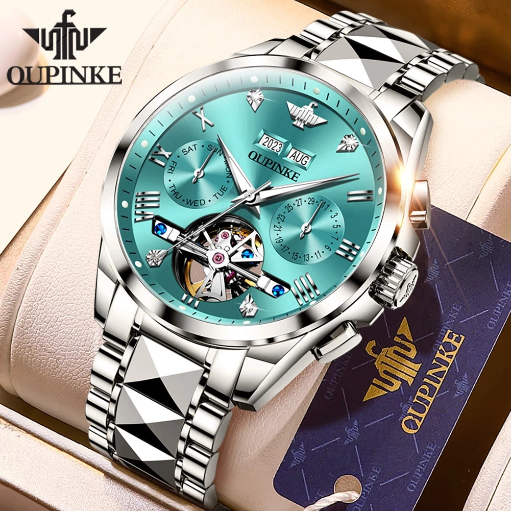 OUPINKE Tungsten Steel Automatic Mechanical Watch Men's 5Bar Waterproof Multi-functional Tourbillon Watches Relogio
