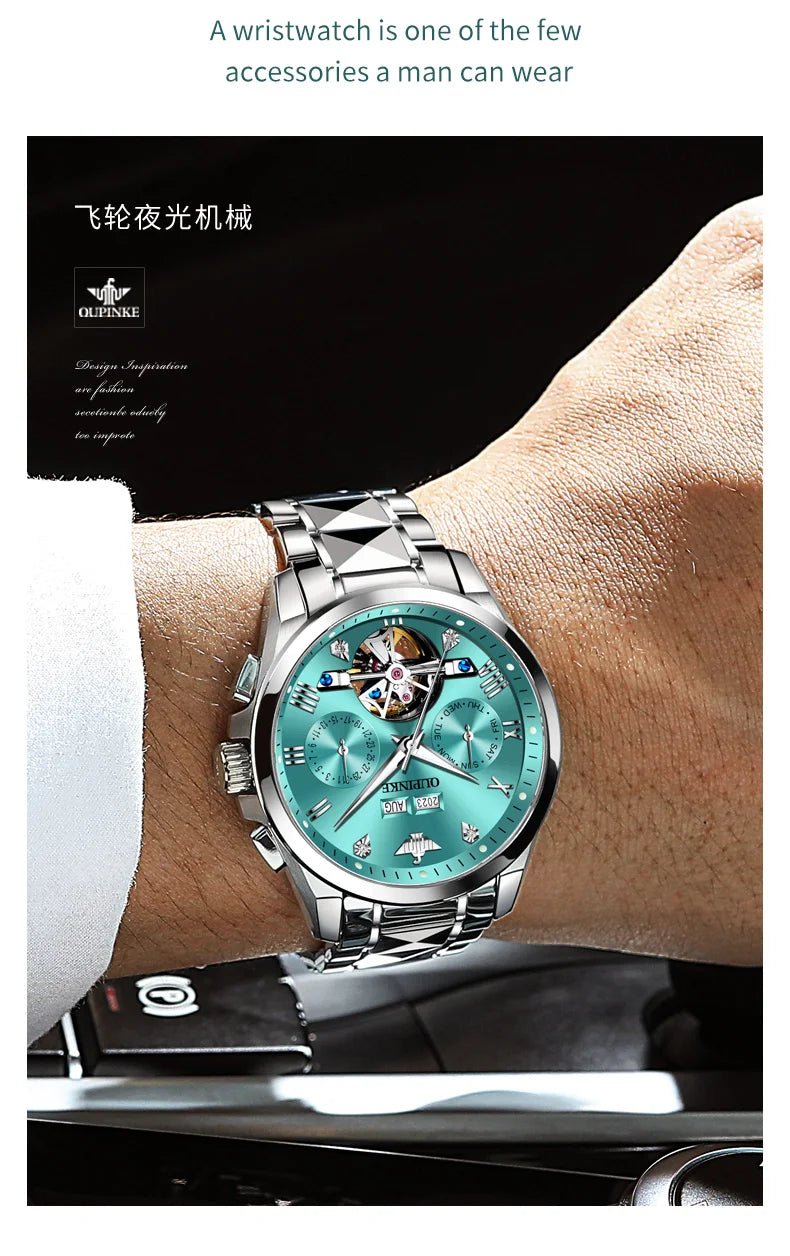 OUPINKE 3186 Men's Watches Luxury Mechanical Watch for Men Skeleton Flywheel Automatic Wristwatch Waterproof Luminous Man Watch