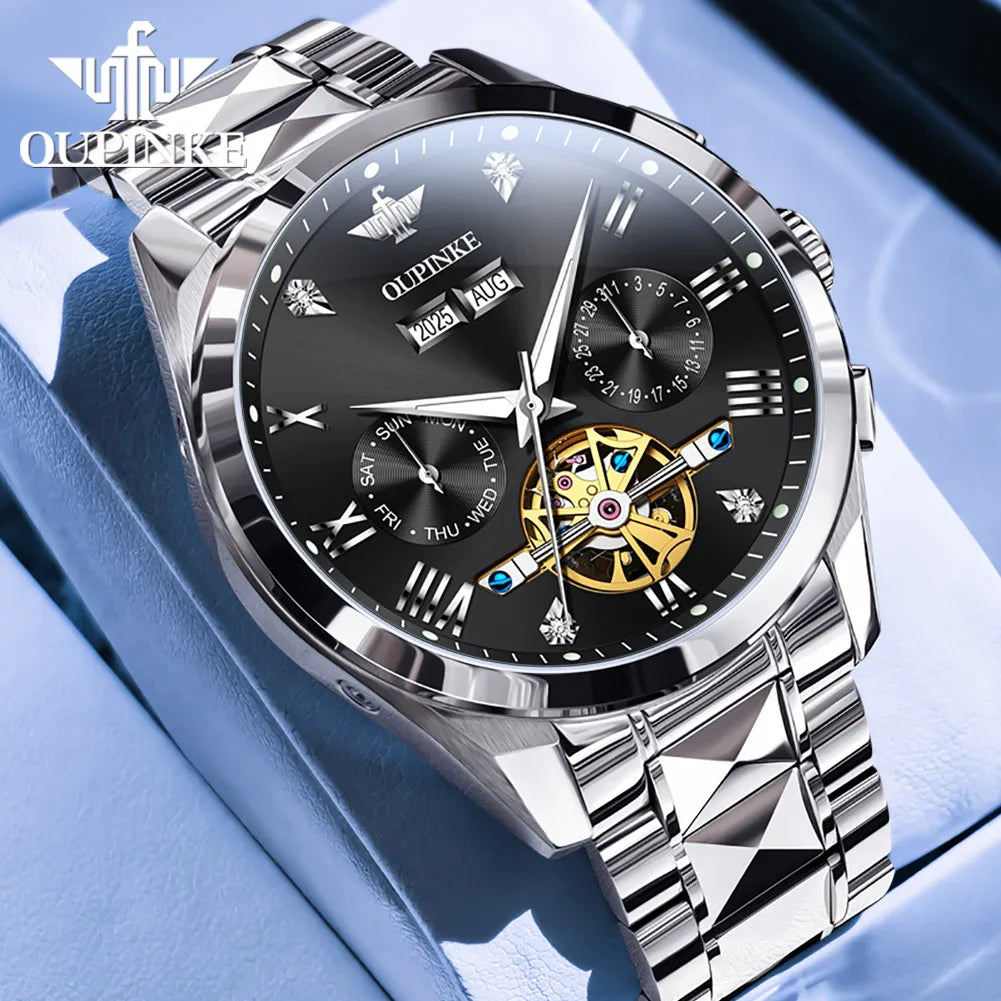 OUPINKE Men's Watches Top Brand Luxury Classic Original Automatic Mechanical Wristwatch Sapphire Mirror Tungsten Steel Calendar