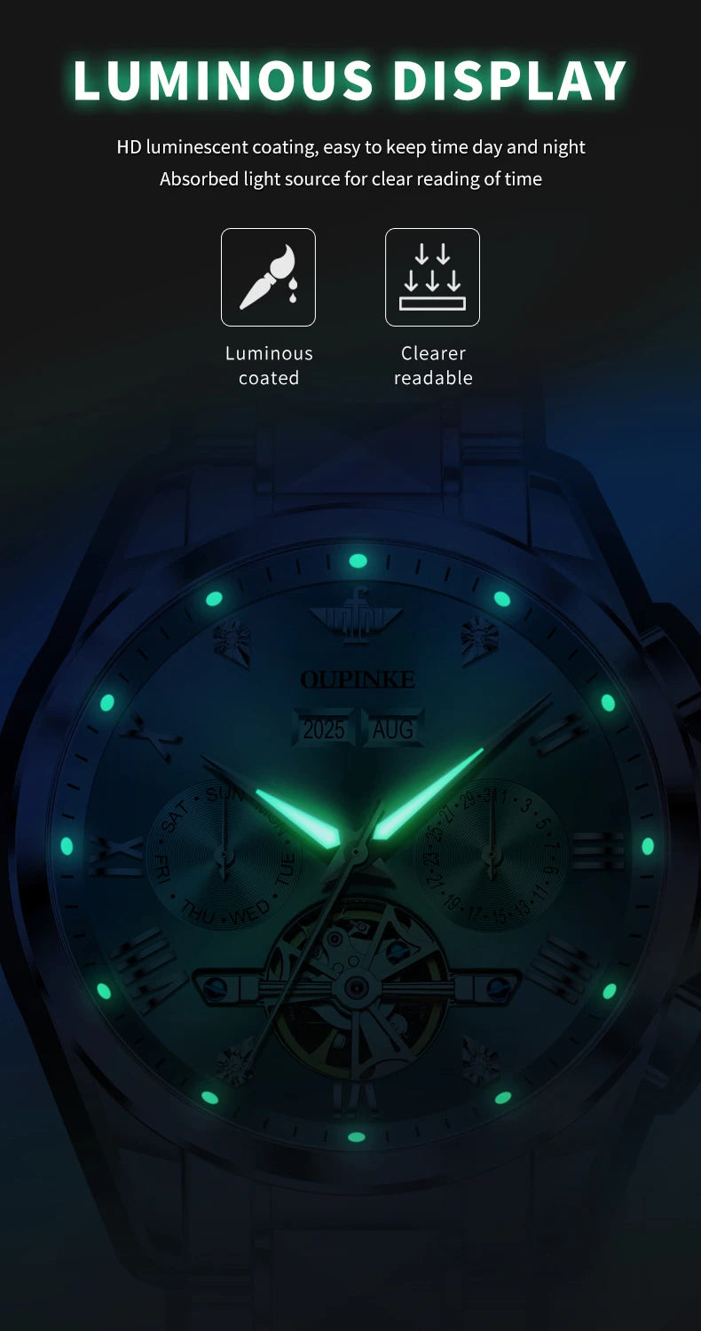 OUPINKE 3240 Skeleton Men's Watches 50m Waterproof Automatic Mechanical Watch Sapphire Luminous Date Tungsten Steel Brand Watch