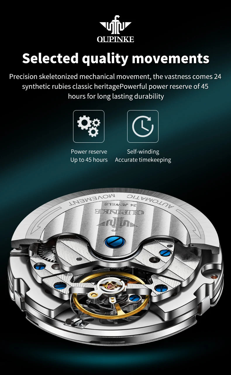 OUPINKE 3186 Men's Watches Skeleton Flywheel Automatic Mechanical Watch for Men Luxury Brand Dual Calendar Display Wristwatch