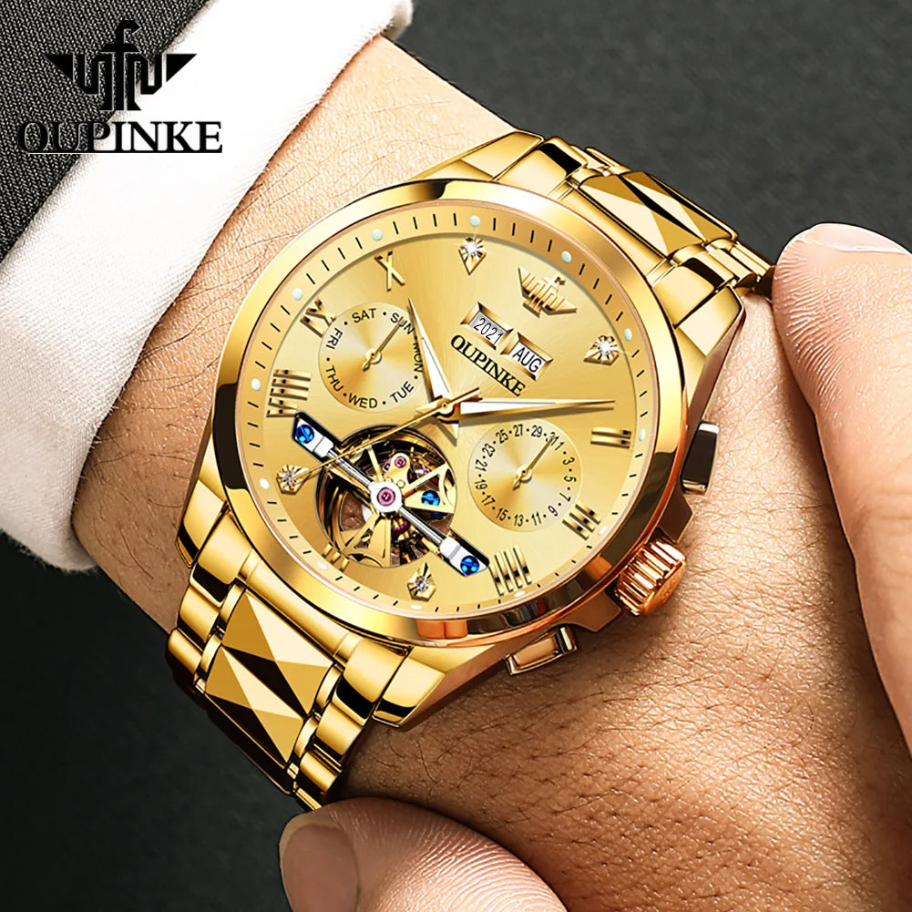 OUPINKE Classic Watch 3186 Multifunctional Skeleton Dial Waterproof Luminous Automatic Mechanical Watches