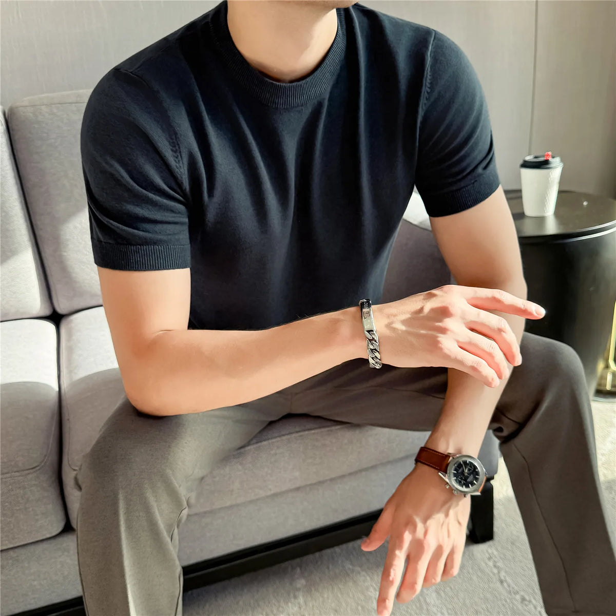 Men's High-Quality Solid Color Short Sleeve Knit T-Shirt - Slim Fit Round Neck Thickened Casual Top