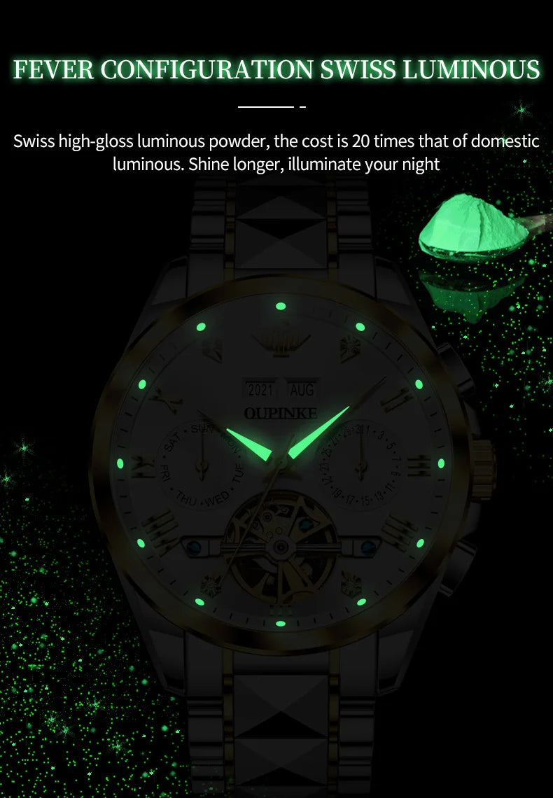 OUPINKE 3186 Men Watches Multifunctional Gold Tungsten steel Flywheel Waterproof Dual Calendar Display Male Wristwatch Classic