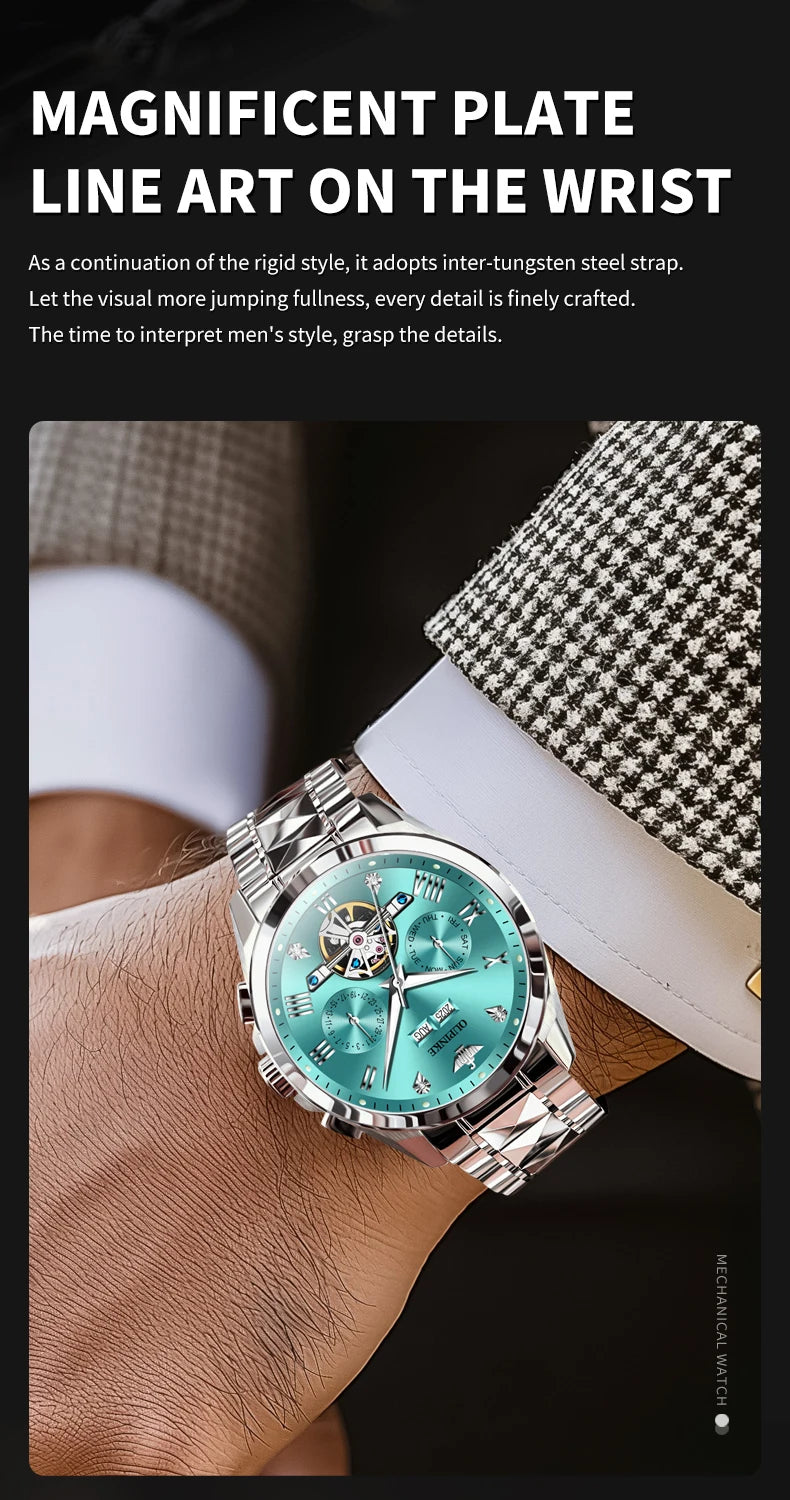 OUPINKE 3240 Skeleton Men's Watches 50m Waterproof Automatic Mechanical Watch Sapphire Luminous Date Tungsten Steel Brand Watch