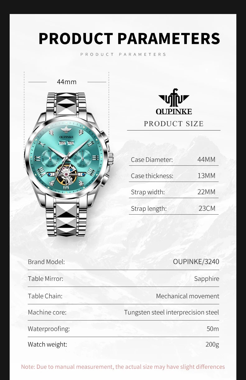 OUPINKE 3240 Skeleton Men's Watches 50m Waterproof Automatic Mechanical Watch Sapphire Luminous Date Tungsten Steel Brand Watch