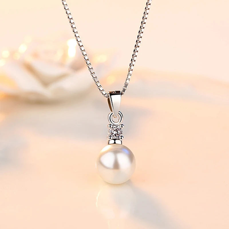 Real 925 Sterling Silver Crystal Pearl Pendant Necklace Long Drop Earrings Jewelry Sets For Women New Trendy FQL23091