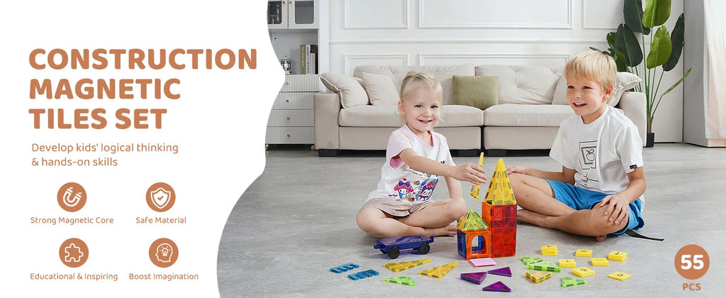 SucceBuy 55pcs Magnetic Building Blocks Construction Set Magnet Tiles Children Montessori Educational Game Toys for Kids Gifts