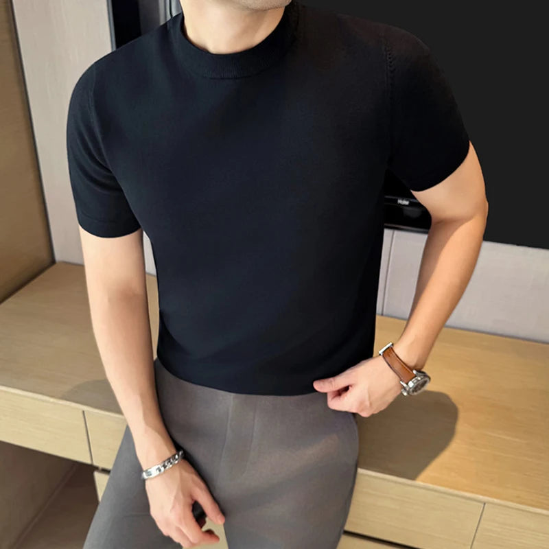 Men's High-Quality Solid Color Short Sleeve Knit T-Shirt - Slim Fit Round Neck Thickened Casual Top