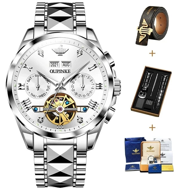 OUPINKE 3186 Men's Watches Luxury Mechanical Watch for Men Skeleton Flywheel Automatic Wristwatch Waterproof Luminous Man Watch