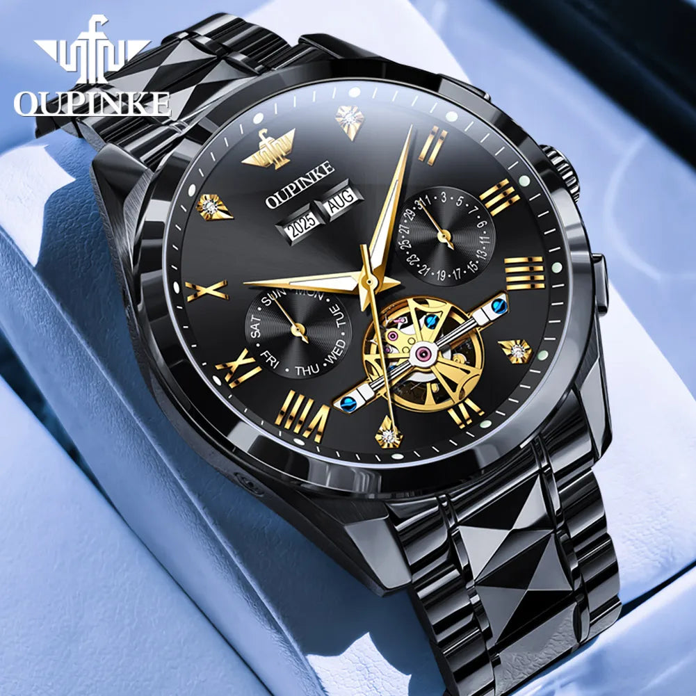 OUPINKE Men's Watches Top Brand Luxury Classic Original Automatic Mechanical Wristwatch Sapphire Mirror Tungsten Steel Calendar
