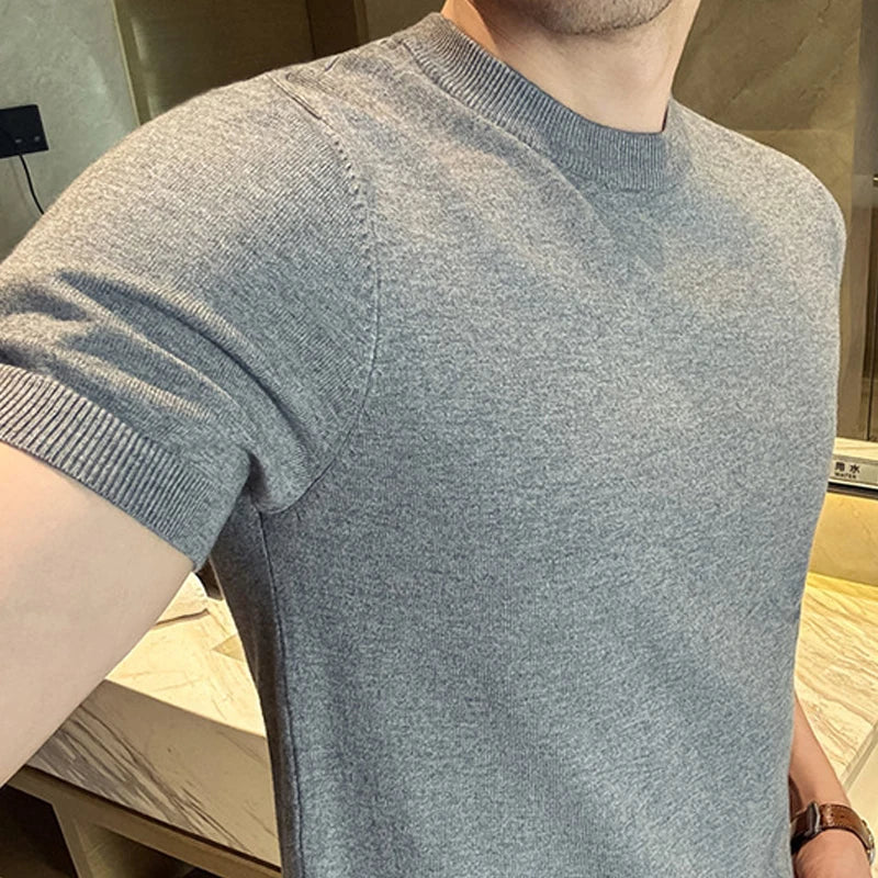 Men's High-Quality Solid Color Short Sleeve Knit T-Shirt - Slim Fit Round Neck Thickened Casual Top