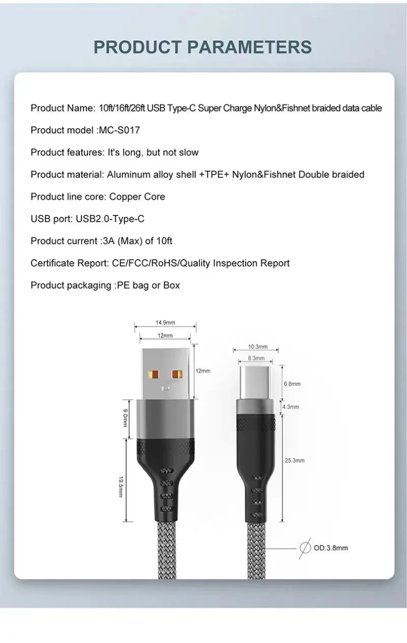 Câble de charge rapide micro USB Android type C étendu 2M 3M 5 mètres pour Huawei Xiaomi Vivo Oppo et Leeco