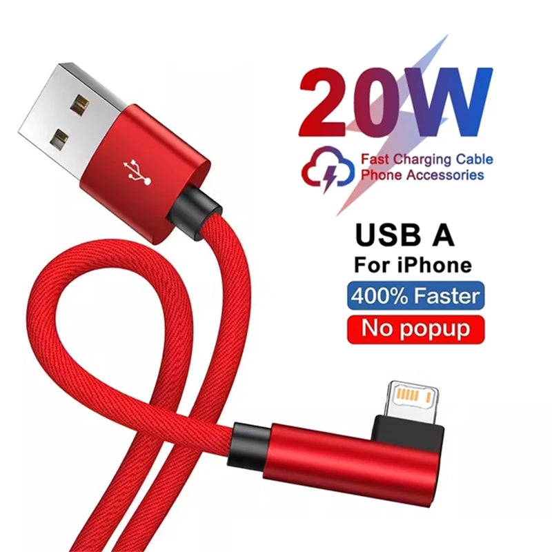 90 Degree Gaming Elbow Fast Charging USB Cable For iPhone 13 14 Pro Max X XR XS 11 12 mini 6S 7 8 Plus Quick Charge Data Cables