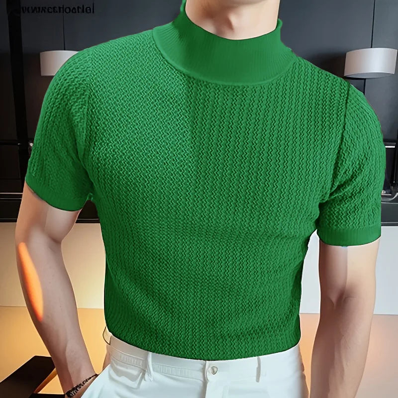 2024 Slim Fit Knitted T-shirt for Men Solid Turtleneck Casual Shirts Men's Short Sleeve Knit Sweater Bottoming Tops Streetwear