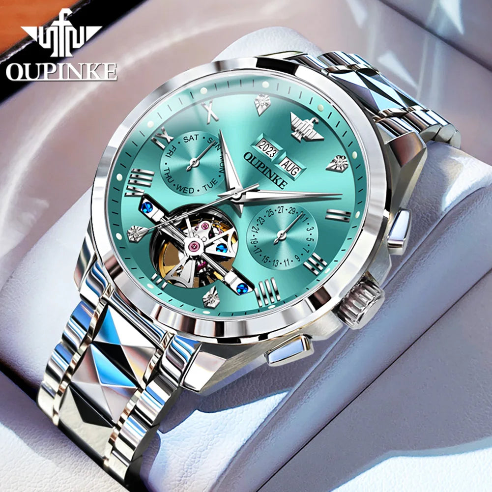 OUPINKE 3186 Men's Watches Skeleton Flywheel Automatic Mechanical Watch for Men Luxury Brand Dual Calendar Display Wristwatch