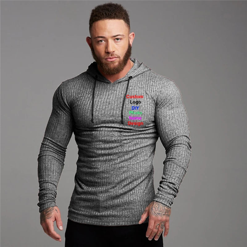 Design Brand Logo Custom DIY Fashion Knitted Hooded T-shirt Men Pit Stripe Slim Fit Thin Sweaters Long Sleeve Pullover Knittwear