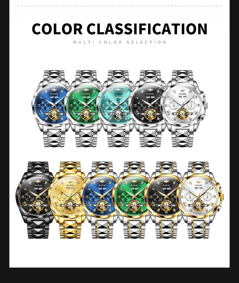 OUPINKE 3240 Skeleton Flywheel Multifunctional Automatic Mechanical Watches for Men 44mm Large Dial Tungsten Steel Luxury Watch