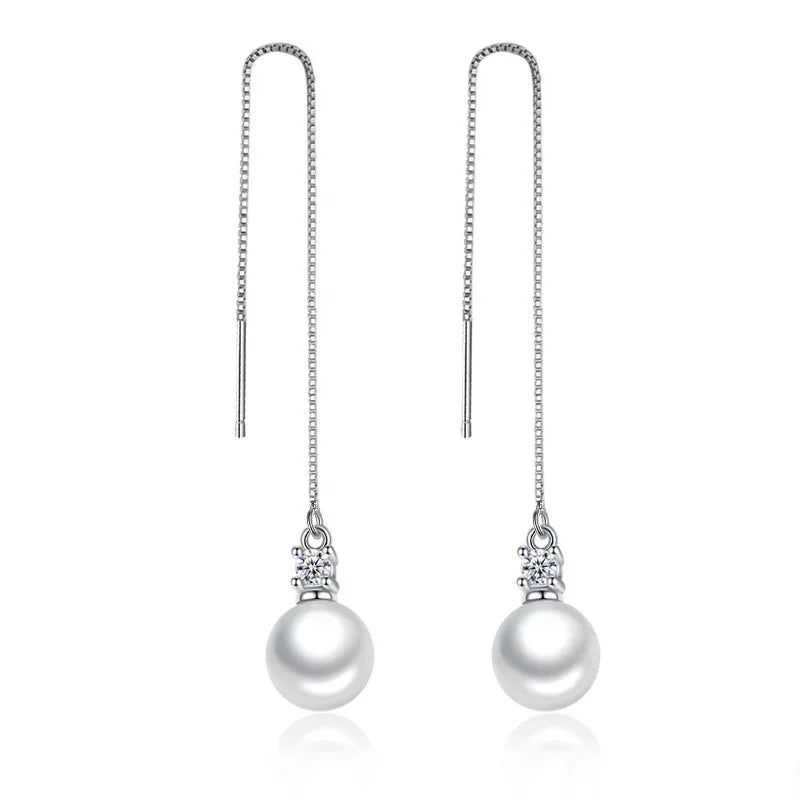 Real 925 Sterling Silver Crystal Pearl Pendant Necklace Long Drop Earrings Jewelry Sets For Women New Trendy FQL23091