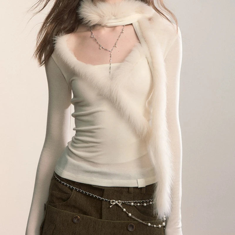 Design Sense Splicing Slim Fitting Knitted Sweater for Women's Autumn and Winter Fur Scarf Two-piece Set