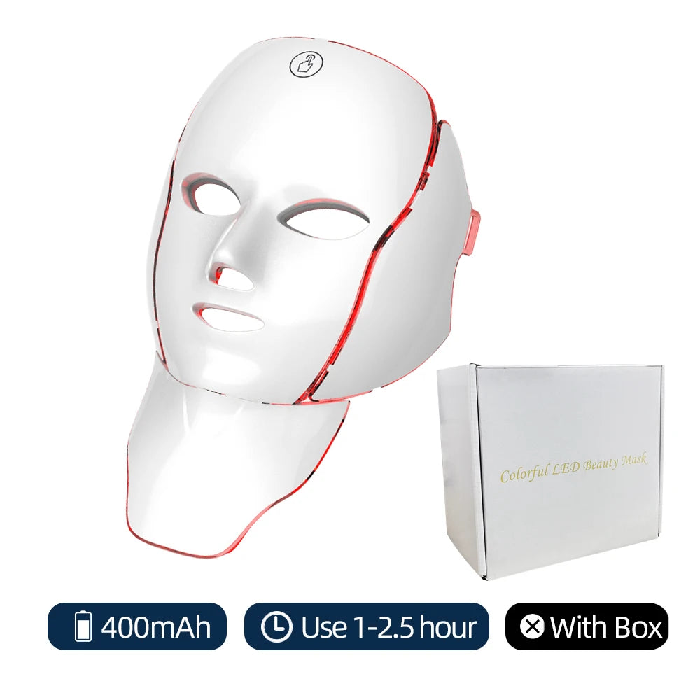 LED Facial Mask with Neck 7 Colors Light Therapy Red Light Facial Mask for Anti-Aging Rejuvenation Brighten Skin Beauty Device