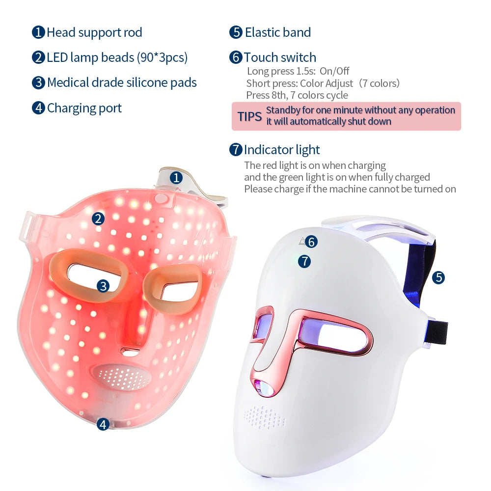 7 Colors Photon Facial LED Mask Red Light Therapy Anti Aging Face Neck Beauty Mask Relaxation Treatment Anti-Wrinkle Skin Care