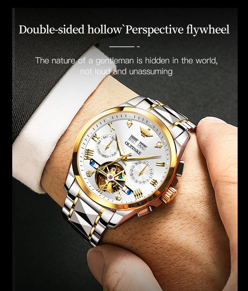 OUPINKE Tungsten Steel Automatic Mechanical Watch Men's 5Bar Waterproof Multi-functional Tourbillon Watches Relogio