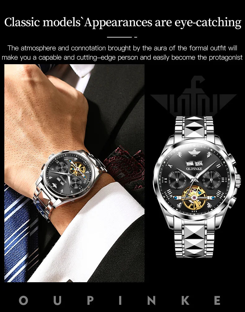 OUPINKE Tungsten Steel Automatic Mechanical Watch Men's 5Bar Waterproof Multi-functional Tourbillon Watches Relogio