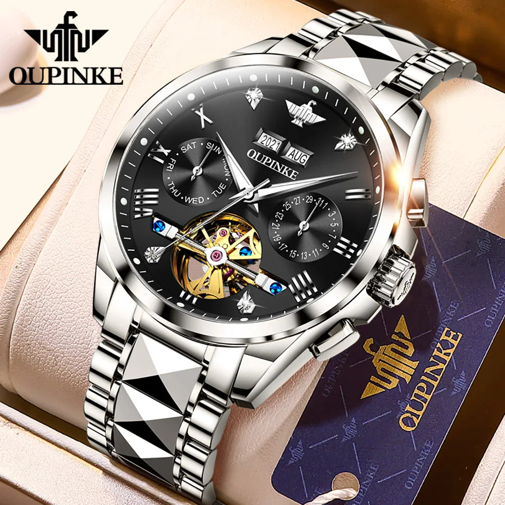 OUPINKE 3186 Men's Watches Skeleton Flywheel Automatic Mechanical Watch for Men Luxury Brand Dual Calendar Display Wristwatch