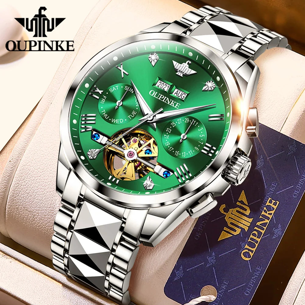 OUPINKE 3186 Men's Watches Skeleton Flywheel Automatic Mechanical Watch for Men Luxury Brand Dual Calendar Display Wristwatch